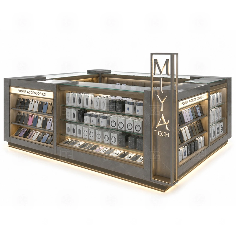 Retail Cell Phone Display Counter with Lockable Storage display detail for phone accessories, cases, protectors, chargers, and small electronics arranged for repeat selling shown in the retail cell phone display counter with lockable storage product photos; the product photos also emphasize tempered glass showcases and visible accessory display zones