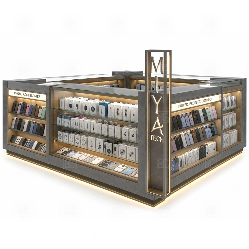 Retail Cell Phone Display Counter with Lockable Storage service area for regular sales support, POS payment, packaging, customer questions, and stock refill shown in the retail cell phone display counter with lockable storage product photos; the kiosk can follow sales counter, POS area, packing surface, and staff-side storage