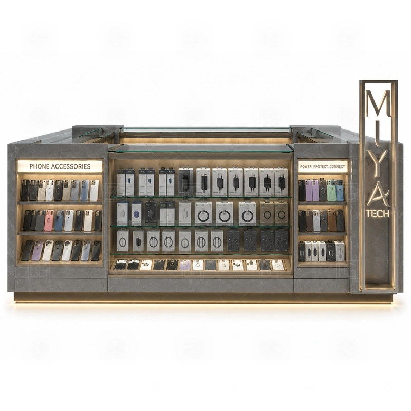 Retail Cell Phone Display Counter with Lockable Storage signage detail with brand color panels, simple logo signs, and lighting that support a practical retail look shown in the retail cell phone display counter with lockable storage product photos; this page also uses custom logo signage and brand color presentation