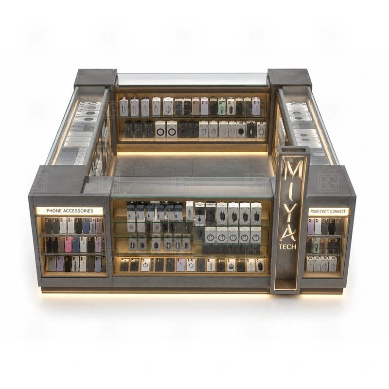 Retail Cell Phone Display Counter with Lockable Storage storage detail for lockable lower cabinets, divided drawers, and staff-only stock access for safer daily operation shown in the retail cell phone display counter with lockable storage product photos, with separate zones for browsing, payment, stock refill, and product consultation