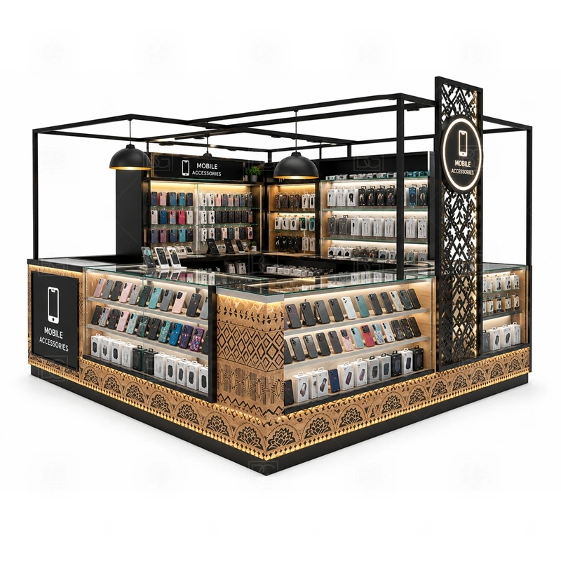 Retail Cellphone Accessories Kiosk Design with a daily-retail phone kiosk with practical accessory display, checkout counters, and reliable storage planning shown in the retail cellphone accessories kiosk design product photos for mobile accessory retail and small electronics display