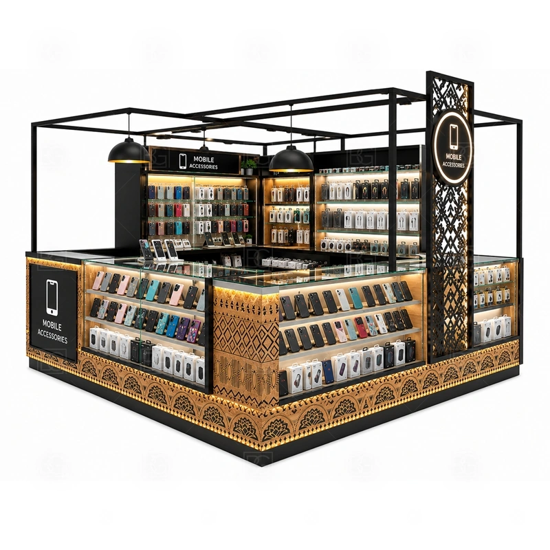 Retail Cellphone Accessories Kiosk Design showing a balanced retail route for browsing, assisted selection, checkout, and staff replenishment shown in the retail cellphone accessories kiosk design product photos, with front-facing customer movement with staff work kept behind the display line