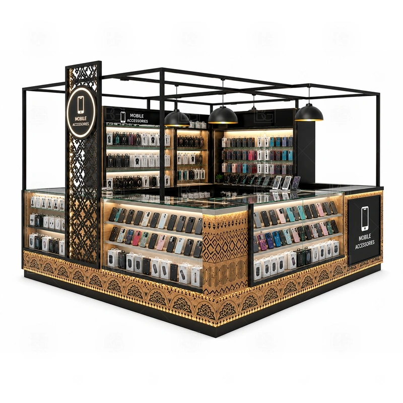 Retail Cellphone Accessories Kiosk Design display detail for phone accessories, cases, protectors, chargers, and small electronics arranged for repeat selling shown in the retail cellphone accessories kiosk design product photos; the product photos also emphasize tempered glass showcases and visible accessory display zones