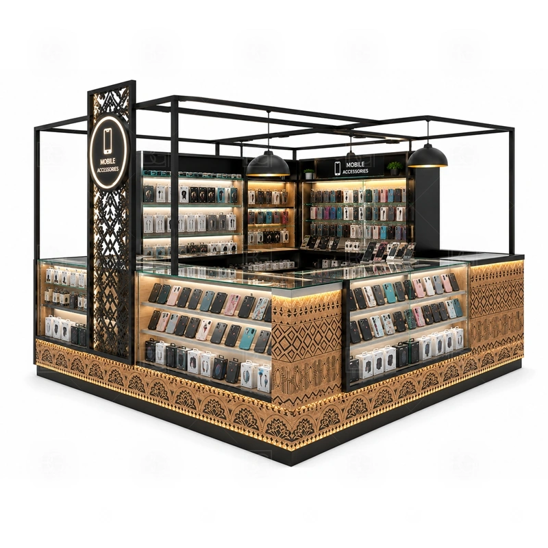 Retail Cellphone Accessories Kiosk Design service area for regular sales support, POS payment, packaging, customer questions, and stock refill shown in the retail cellphone accessories kiosk design product photos; the kiosk can follow sales counter, POS area, packing surface, and staff-side storage