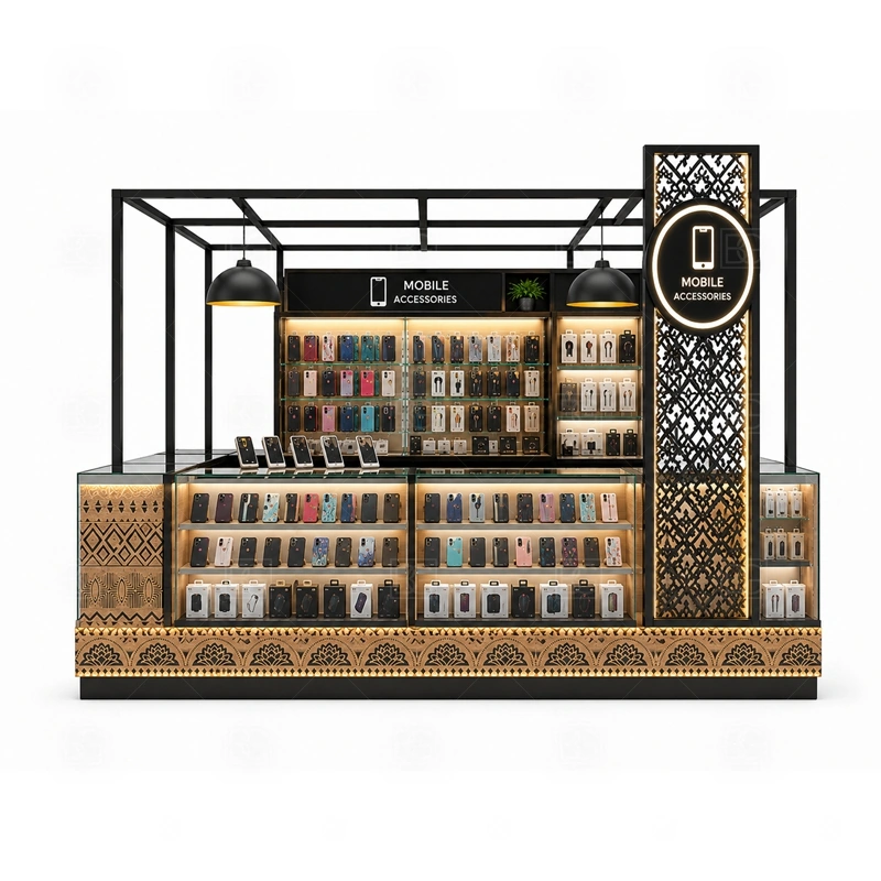 Retail Cellphone Accessories Kiosk Design signage detail with brand color panels, simple logo signs, and lighting that support a practical retail look shown in the retail cellphone accessories kiosk design product photos; this page also uses custom logo signage and brand color presentation