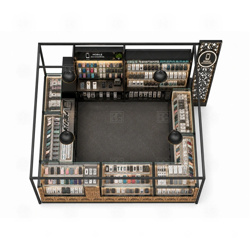 Retail Cellphone Accessories Kiosk Design storage detail for durable base storage and lockable drawers for daily inventory handling shown in the retail cellphone accessories kiosk design product photos, with separate zones for browsing, payment, stock refill, and product consultation