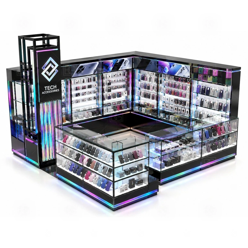 Retail Mobile Accessories Kiosk and Accessories Display with an accessory-focused kiosk with dense wall merchandising, glass counter protection, and quick-browse front shelves shown in the retail mobile accessories kiosk and accessories display product photos for mobile accessory retail and small electronics display