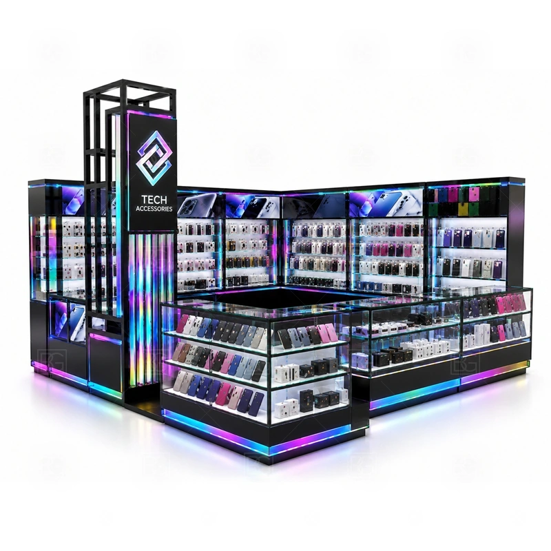 Retail Mobile Accessories Kiosk and Accessories Display display detail for a wider accessory mix shown through wall panels, shelves, hooks, and front counter displays shown in the retail mobile accessories kiosk and accessories display product photos; the product photos also emphasize phone accessory displays, glass counters, and small product shelving