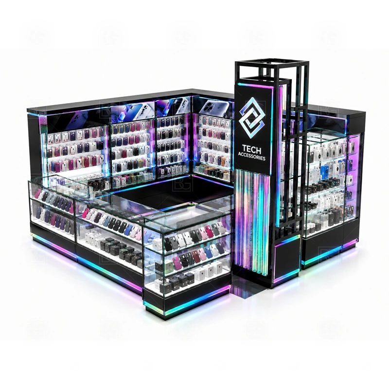Retail Mobile Accessories Kiosk and Accessories Display service area for quick product selection, checkout, packaging, and replenishment during walk-by traffic shown in the retail mobile accessories kiosk and accessories display product photos; the kiosk can follow repair service counter, device handoff area, and lockable tool storage