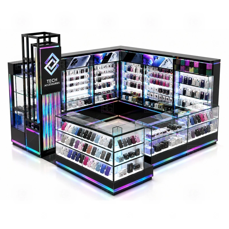 Retail Mobile Accessories Kiosk and Accessories Display signage detail with clean category signs and logo panels that keep shopper attention on the accessory wall shown in the retail mobile accessories kiosk and accessories display product photos; this page also uses custom logo signage and brand color presentation
