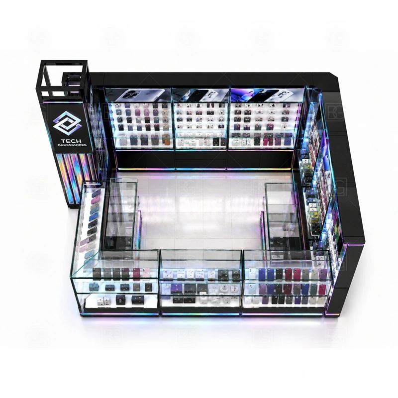 Retail Mobile Accessories Kiosk and Accessories Display storage detail for divided lower cabinets for high-turnover cases, cables, protectors, and spare display stock shown in the retail mobile accessories kiosk and accessories display product photos, with a layout that can be checked against lease drawings before production begins