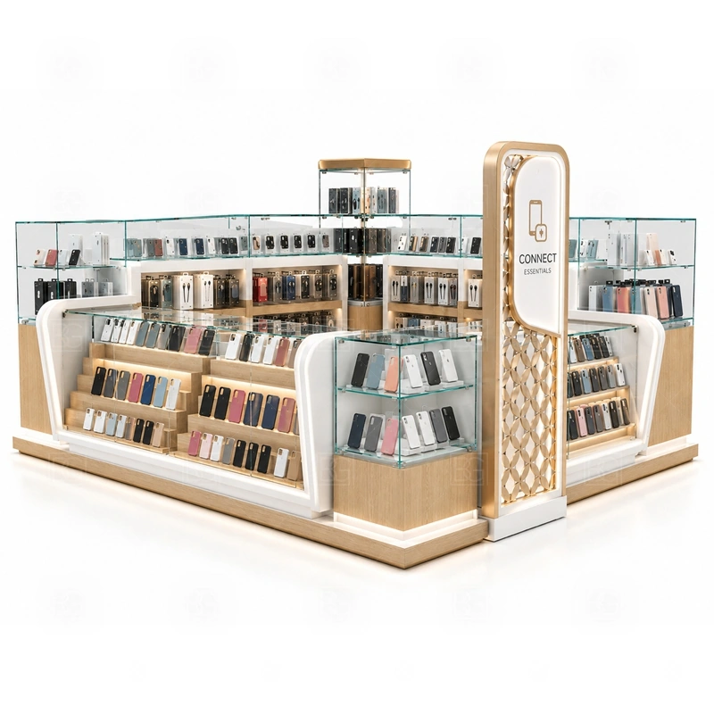 Retail Mobile Phone Kiosk Manufacturer showing a balanced retail route for browsing, assisted selection, checkout, and staff replenishment shown in the retail mobile phone kiosk manufacturer product photos, with separate zones for browsing, payment, stock refill, and product consultation