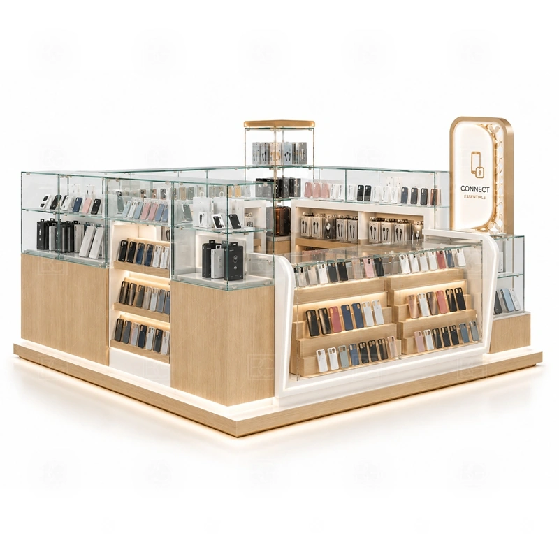 Retail Mobile Phone Kiosk Manufacturer display detail for phone accessories, cases, protectors, chargers, and small electronics arranged for repeat selling shown in the retail mobile phone kiosk manufacturer product photos; the product photos also emphasize phone accessory displays, glass counters, and small product shelving