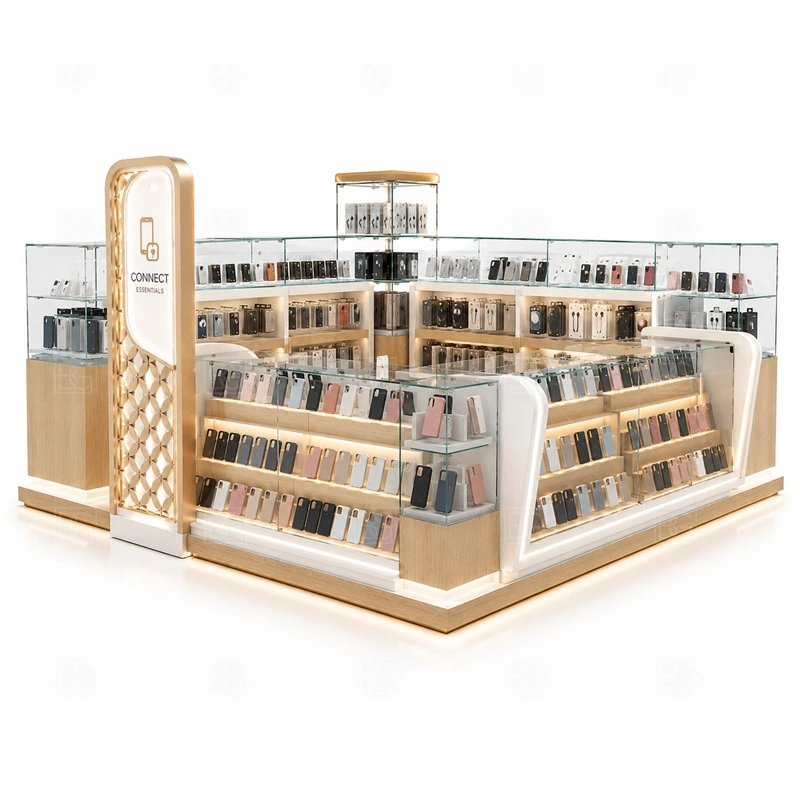 Retail Mobile Phone Kiosk Manufacturer service area for regular sales support, POS payment, packaging, customer questions, and stock refill shown in the retail mobile phone kiosk manufacturer product photos; the kiosk can follow repair service counter, device handoff area, and lockable tool storage