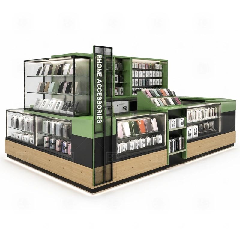 Retail Phone Case Kiosk for Sale with a phone-case merchandising kiosk with strong wall display, case browsing zones, and focused accessory counters shown in the retail phone case kiosk for sale product photos for phone case merchandising and accessory add-on sales