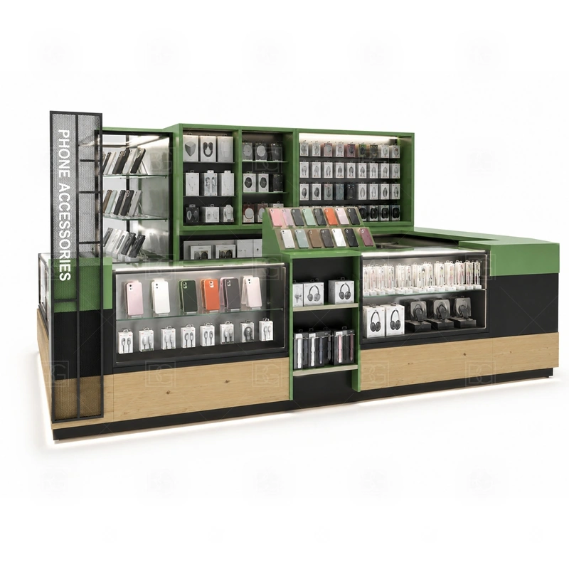 Retail Phone Case Kiosk for Sale showing a browsing-first plan that keeps case walls visible while checkout and storage stay close to staff shown in the retail phone case kiosk for sale product photos, with clear customer approach from the main mall walkway and quick staff access from the rear