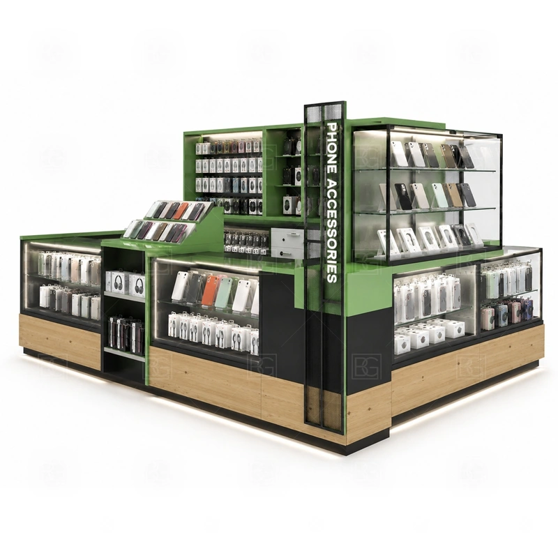 Retail Phone Case Kiosk for Sale display detail for phone cases grouped by model, color, material, and price level with add-on accessories nearby shown in the retail phone case kiosk for sale product photos; the product photos also emphasize phone accessory displays, glass counters, and small product shelving