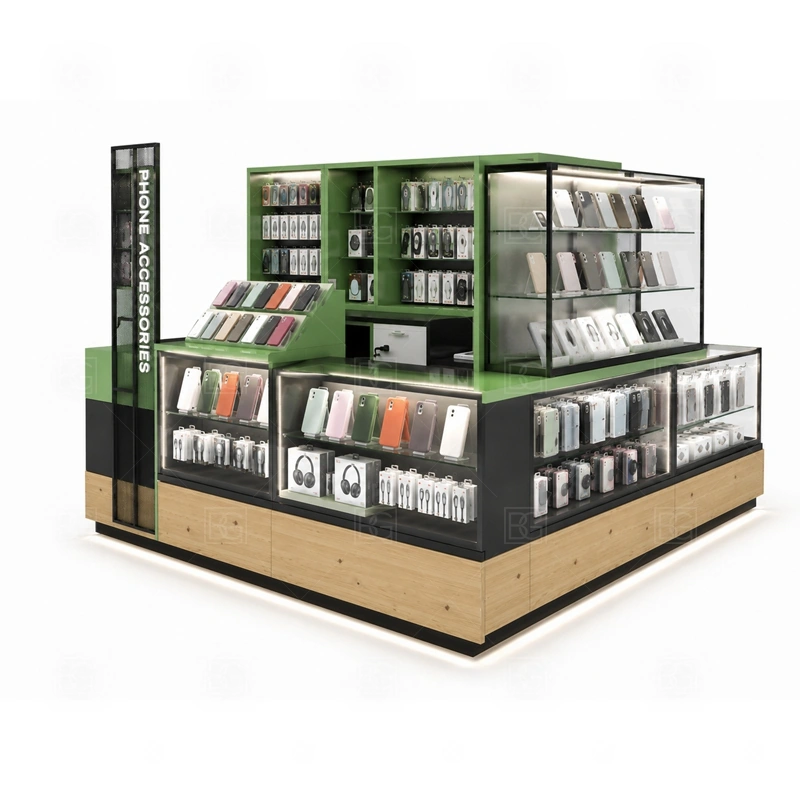 Retail Phone Case Kiosk for Sale service area for case selection help, screen protector recommendation, checkout, packing, and quick add-on selling shown in the retail phone case kiosk for sale product photos; the kiosk can follow repair service counter, device handoff area, and lockable tool storage