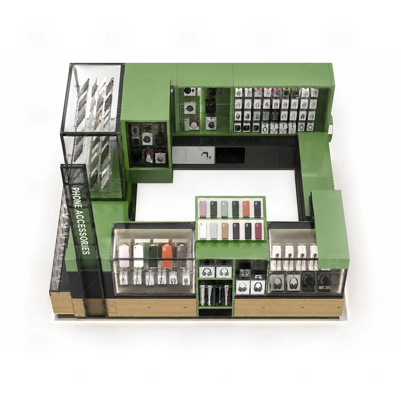 Retail Phone Case Kiosk for Sale storage detail for divided drawers and under-counter stock for case sizes, fast-moving colors, and small accessories shown in the retail phone case kiosk for sale product photos, with a layout that can be checked against lease drawings before production begins