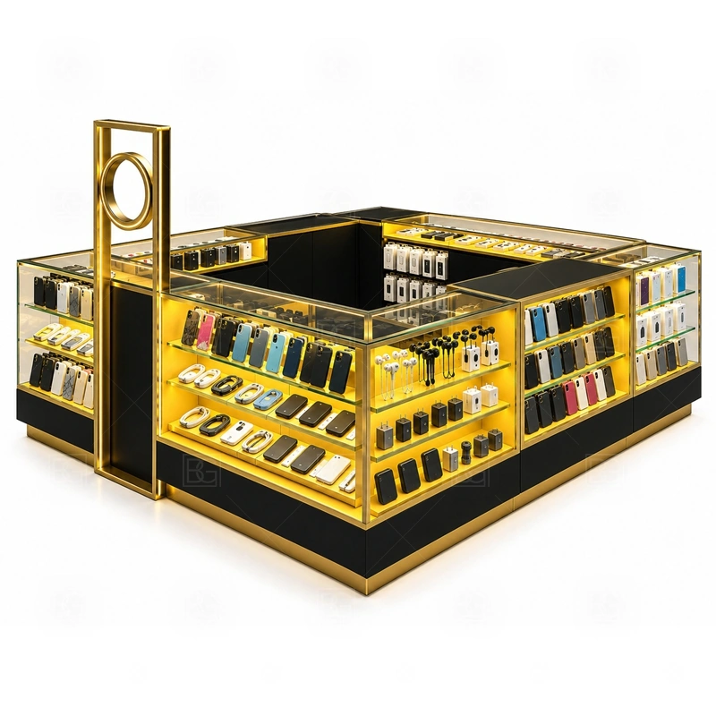 Retail Phone Repair Kiosk for Retail Business showing a balanced retail route for browsing, assisted selection, checkout, and staff replenishment shown in the retail phone repair kiosk for retail business product photos, with separate zones for browsing, payment, stock refill, and product consultation