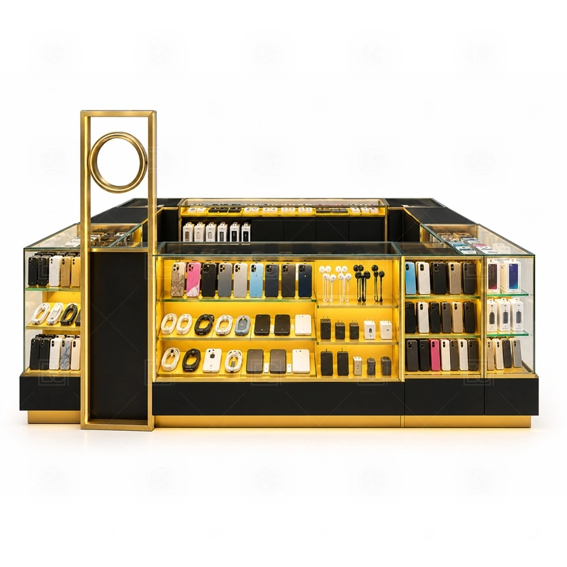 Retail Phone Repair Kiosk for Retail Business display detail for phone accessories, cases, protectors, chargers, and small electronics arranged for repeat selling shown in the retail phone repair kiosk for retail business product photos; the product photos also emphasize tempered glass showcases and visible accessory display zones