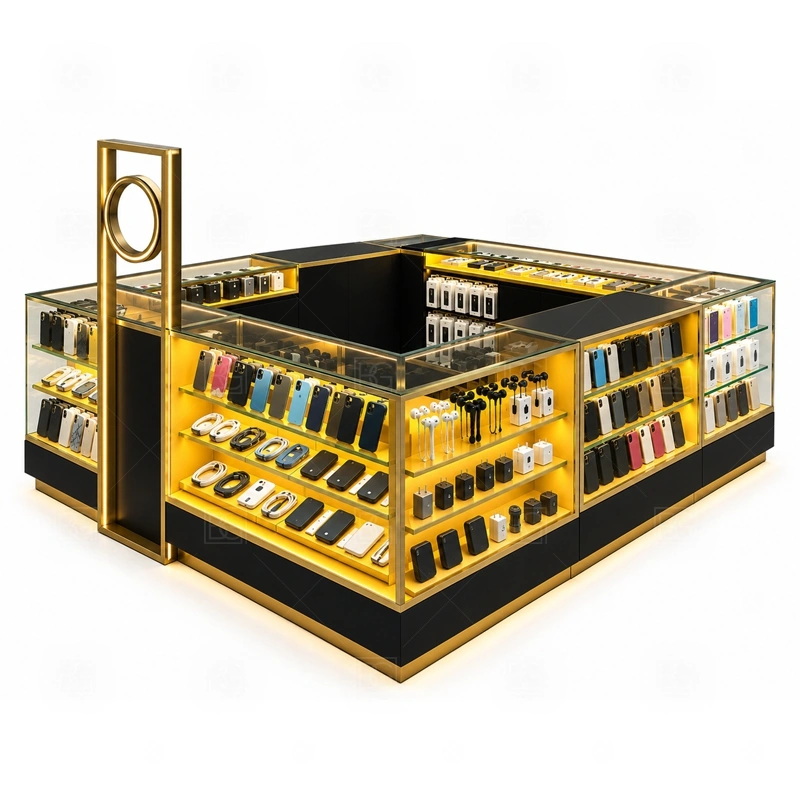 Retail Phone Repair Kiosk for Retail Business signage detail with brand color panels, simple logo signs, and lighting that support a practical retail look shown in the retail phone repair kiosk for retail business product photos; this page also uses custom logo signage and brand color presentation