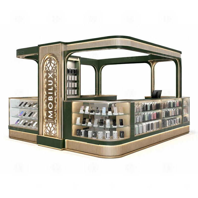 Shopping Mall Cell Phone Display Counter for Retail Business with a daily-retail phone kiosk with practical accessory display, checkout counters, and reliable storage planning shown in the shopping mall cell phone display counter for retail business product photos for counter-based phone display and checkout