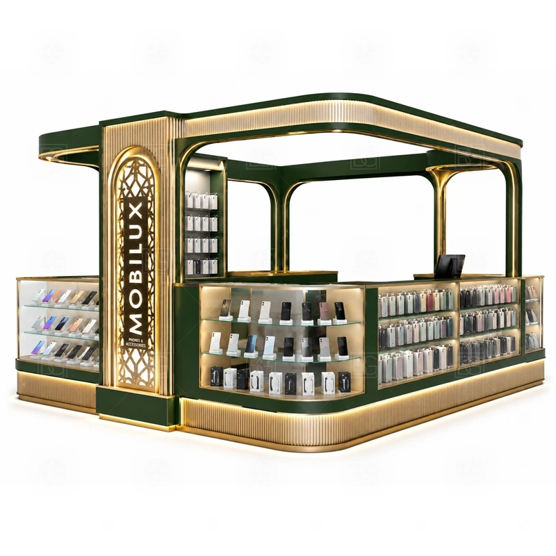 Shopping Mall Cell Phone Display Counter for Retail Business showing counter-based selling with front customer display and a practical staff-side checkout route shown in the shopping mall cell phone display counter for retail business product photos, with front-facing customer movement with staff work kept behind the display line