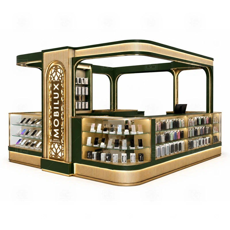 Shopping Mall Cell Phone Display Counter for Retail Business display detail for phone accessories, cases, protectors, chargers, and small electronics arranged for repeat selling shown in the shopping mall cell phone display counter for retail business product photos; the product photos also emphasize tempered glass showcases and visible accessory display zones