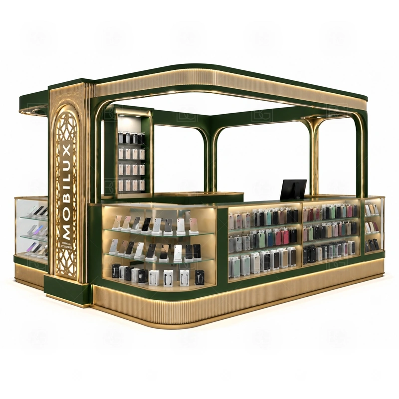 Shopping Mall Cell Phone Display Counter for Retail Business service area for regular sales support, POS payment, packaging, customer questions, and stock refill shown in the shopping mall cell phone display counter for retail business product photos; the kiosk can follow cashier counter, POS area, customer service opening, and storage planning