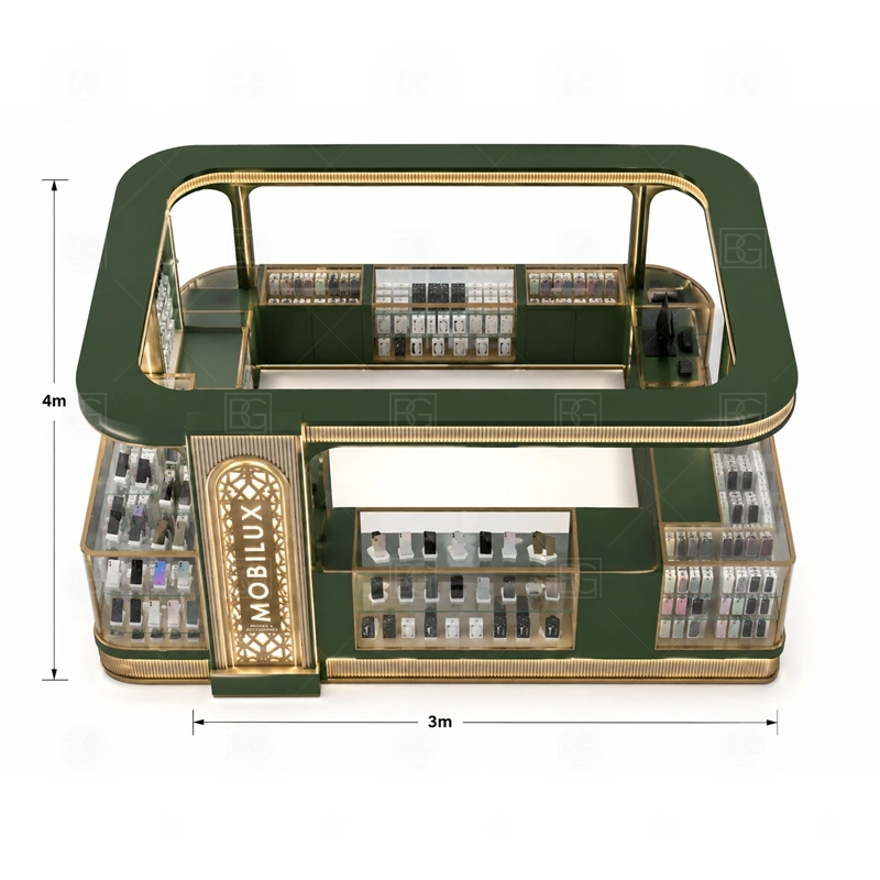 Shopping Mall Cell Phone Display Counter for Retail Business storage detail for durable base storage and lockable drawers for daily inventory handling shown in the shopping mall cell phone display counter for retail business product photos, with separate zones for browsing, payment, stock refill, and product consultation