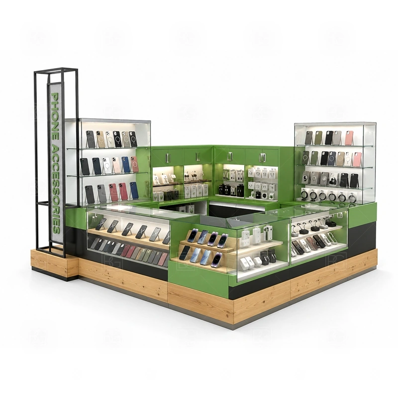Shopping Mall Cellphone Accessories Kiosk with Lockable Storage with a shopping-mall phone kiosk with clear walkway visibility, product display counters, and approval-ready planning shown in the shopping mall cellphone accessories kiosk with lockable storage product photos for mobile accessory retail and small electronics display