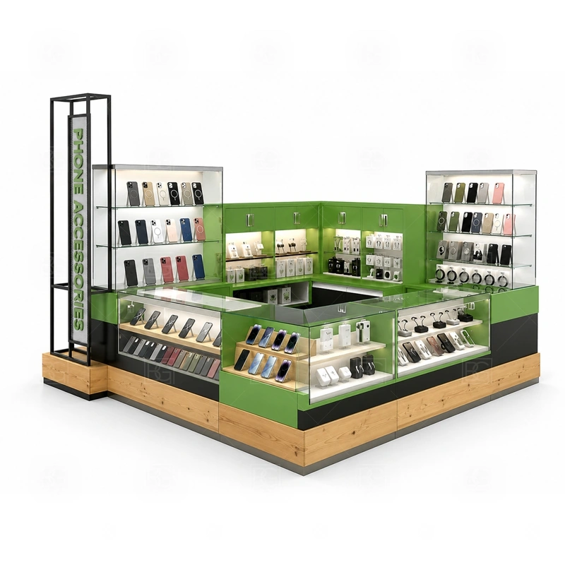 Shopping Mall Cellphone Accessories Kiosk with Lockable Storage showing a mall-facing plan that respects walkway clearance, customer approach, staff side, and sign visibility shown in the shopping mall cellphone accessories kiosk with lockable storage product photos, with a layout that can be checked against lease drawings before production begins