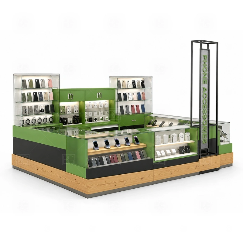 Shopping Mall Cellphone Accessories Kiosk with Lockable Storage display detail for walkway-facing accessories, phone case walls, glass counters, and promoted product zones shown in the shopping mall cellphone accessories kiosk with lockable storage product photos; the product photos also emphasize tempered glass showcases and visible accessory display zones