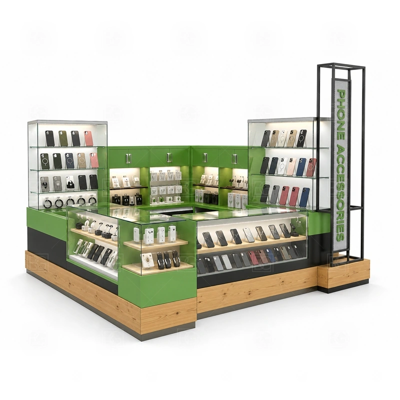 Shopping Mall Cellphone Accessories Kiosk with Lockable Storage service area for customer approach, browsing help, payment, packing, and optional repair or pickup support shown in the shopping mall cellphone accessories kiosk with lockable storage product photos; the kiosk can follow cashier counter, POS area, customer service opening, and storage planning
