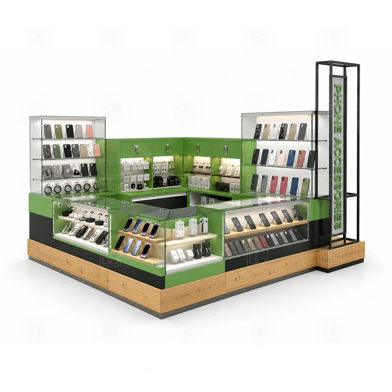 Shopping Mall Cellphone Accessories Kiosk with Lockable Storage signage detail with mall-visible logo panels, height-controlled signage, and front graphics for landlord review shown in the shopping mall cellphone accessories kiosk with lockable storage product photos; this page also uses custom logo signage and brand color presentation