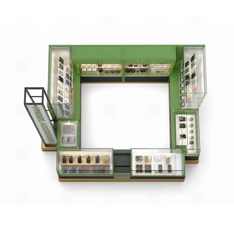 Shopping Mall Cellphone Accessories Kiosk with Lockable Storage storage detail for lockable lower cabinets, divided drawers, and staff-only stock access for safer daily operation shown in the shopping mall cellphone accessories kiosk with lockable storage product photos, with clear customer approach from the main mall walkway and quick staff access from the rear