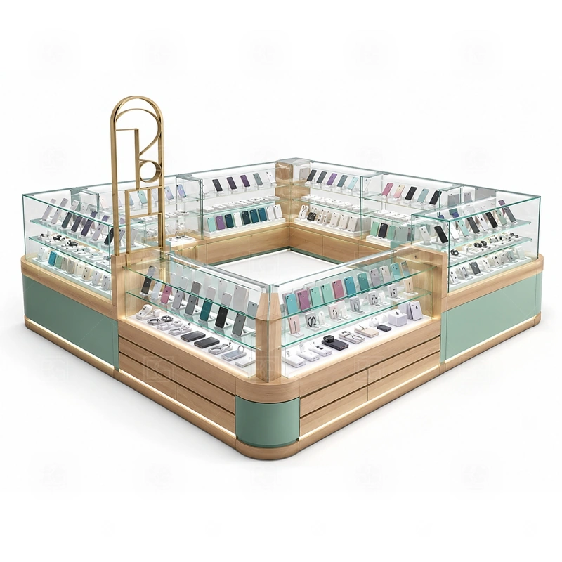 Shopping Mall Mobile Accessories Kiosk with Repair Counter with a shopping-mall phone kiosk with clear walkway visibility, product display counters, and approval-ready planning shown in the shopping mall mobile accessories kiosk with repair counter product photos for repair service and phone accessory sales