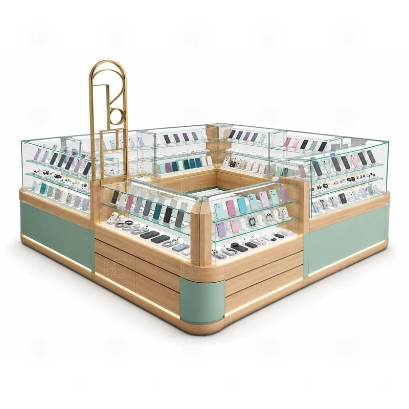 Shopping Mall Mobile Accessories Kiosk with Repair Counter showing a mall-facing plan that respects walkway clearance, customer approach, staff side, and sign visibility shown in the shopping mall mobile accessories kiosk with repair counter product photos, with a customer side that stays visually tidy even when staff are restocking or packing orders