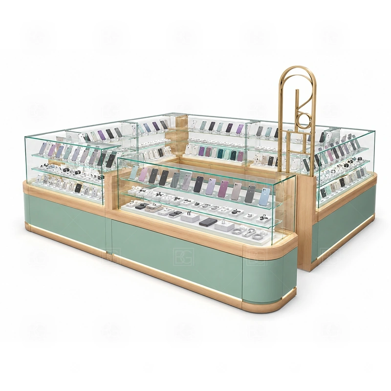 Shopping Mall Mobile Accessories Kiosk with Repair Counter display detail for walkway-facing accessories, phone case walls, glass counters, and promoted product zones shown in the shopping mall mobile accessories kiosk with repair counter product photos; the product photos also emphasize phone accessory displays, glass counters, and small product shelving