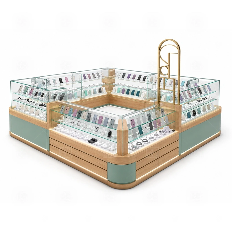 Shopping Mall Mobile Accessories Kiosk with Repair Counter service area for repair intake, device handoff, testing, POS, and accessory recommendation at a dedicated counter shown in the shopping mall mobile accessories kiosk with repair counter product photos; the kiosk can follow repair service counter, device handoff area, and lockable tool storage