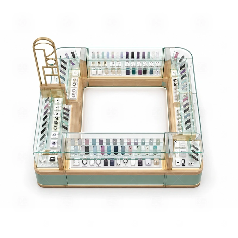 Shopping Mall Mobile Accessories Kiosk with Repair Counter storage detail for base cabinets, stock drawers, and hidden wiring placed within the approved kiosk footprint shown in the shopping mall mobile accessories kiosk with repair counter product photos, with a stronger first impression at browsing distance plus practical checkout close to the display