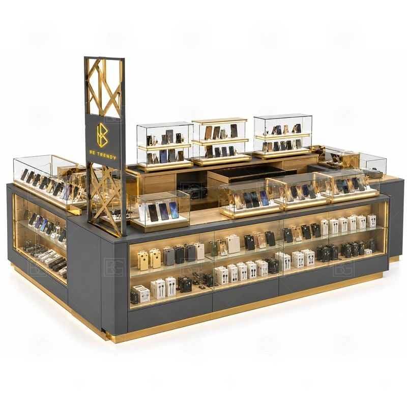 Shopping Mall Mobile Phone Kiosk for Sale showing a mall-facing plan that respects walkway clearance, customer approach, staff side, and sign visibility shown in the shopping mall mobile phone kiosk for sale product photos, with separate zones for browsing, payment, stock refill, and product consultation