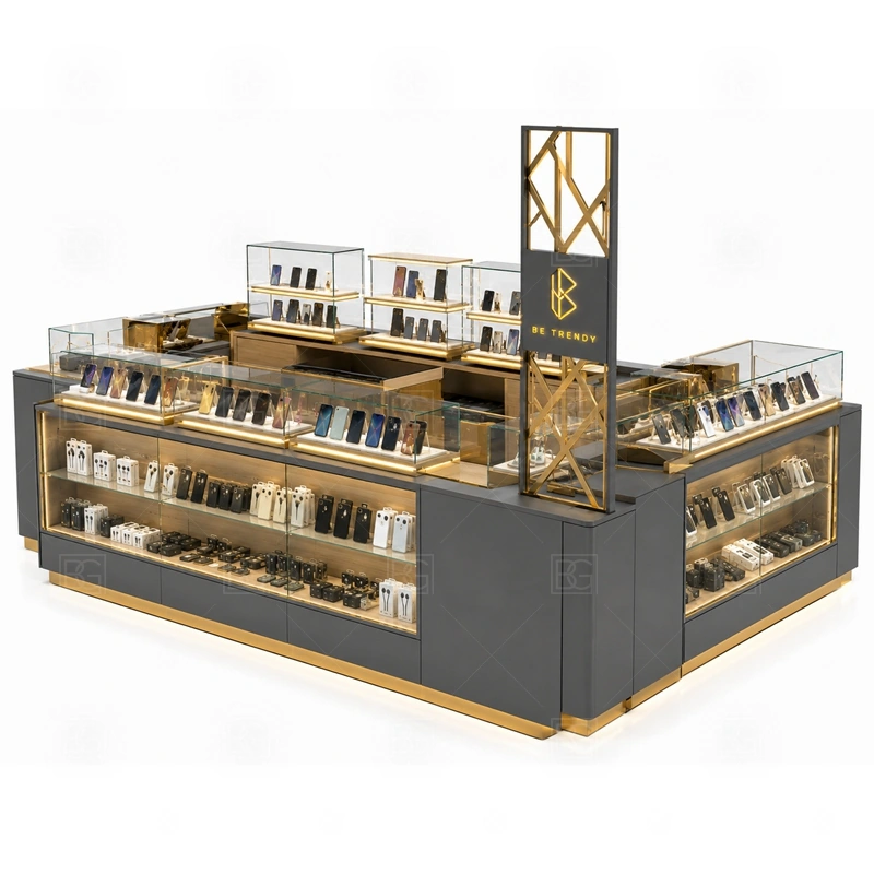 Shopping Mall Mobile Phone Kiosk for Sale display detail for walkway-facing accessories, phone case walls, glass counters, and promoted product zones shown in the shopping mall mobile phone kiosk for sale product photos; the product photos also emphasize phone accessory displays, glass counters, and small product shelving