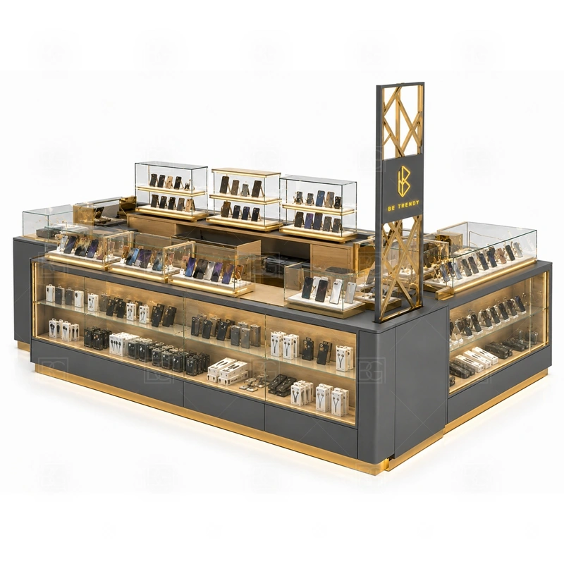 Shopping Mall Mobile Phone Kiosk for Sale service area for customer approach, browsing help, payment, packing, and optional repair or pickup support shown in the shopping mall mobile phone kiosk for sale product photos; the kiosk can follow repair service counter, device handoff area, and lockable tool storage