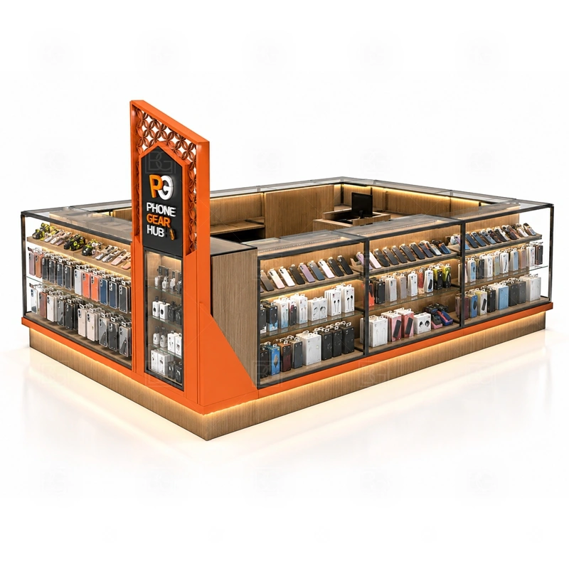 Shopping Mall Phone Accessories Kiosk Design with a shopping-mall phone kiosk with clear walkway visibility, product display counters, and approval-ready planning shown in the shopping mall phone accessories kiosk design product photos for mobile accessory retail and small electronics display