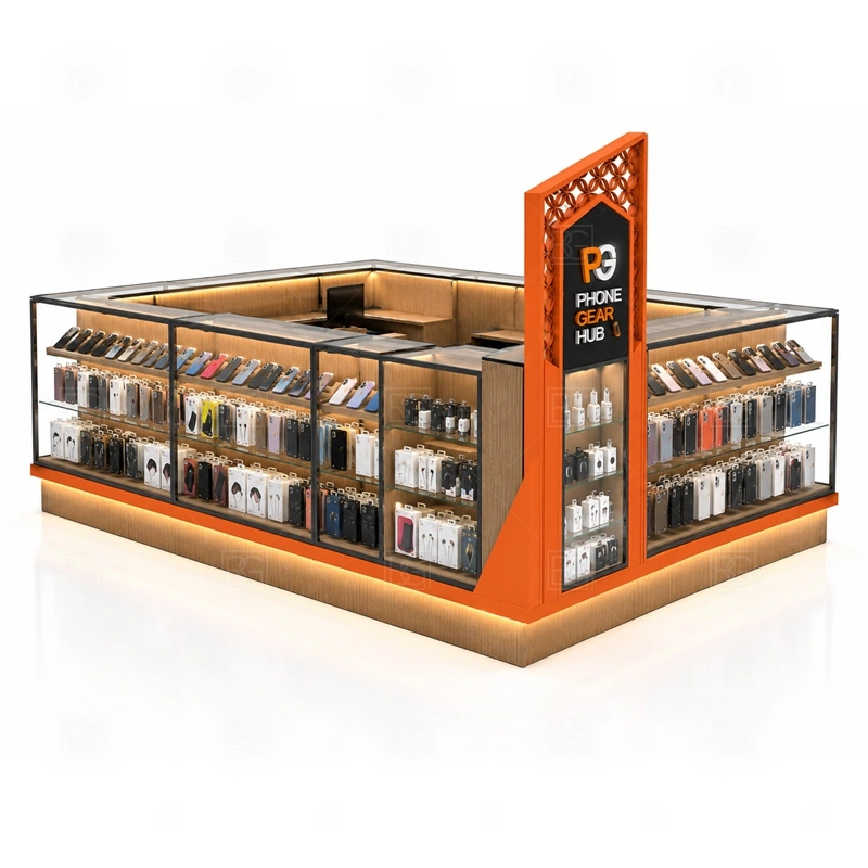 Shopping Mall Phone Accessories Kiosk Design showing a mall-facing plan that respects walkway clearance, customer approach, staff side, and sign visibility shown in the shopping mall phone accessories kiosk design product photos, with a layout that can be checked against lease drawings before production begins
