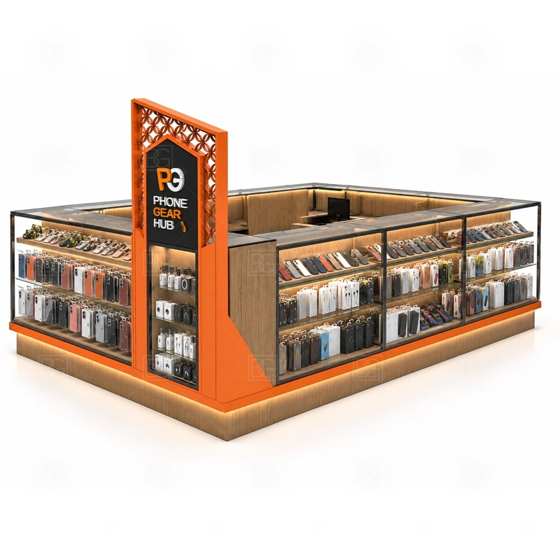 Shopping Mall Phone Accessories Kiosk Design display detail for walkway-facing accessories, phone case walls, glass counters, and promoted product zones shown in the shopping mall phone accessories kiosk design product photos; the product photos also emphasize tempered glass showcases and visible accessory display zones