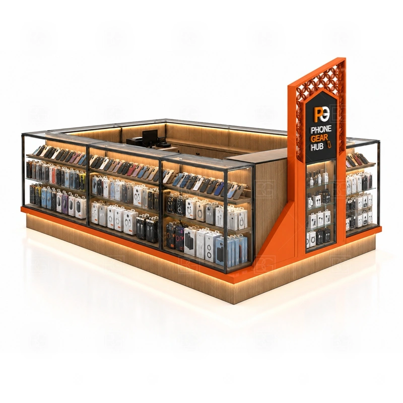 Shopping Mall Phone Accessories Kiosk Design service area for customer approach, browsing help, payment, packing, and optional repair or pickup support shown in the shopping mall phone accessories kiosk design product photos; the kiosk can follow cashier counter, POS area, customer service opening, and storage planning