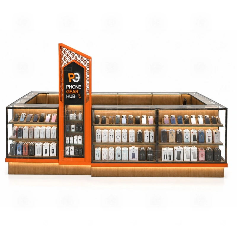 Shopping Mall Phone Accessories Kiosk Design signage detail with mall-visible logo panels, height-controlled signage, and front graphics for landlord review shown in the shopping mall phone accessories kiosk design product photos; this page also uses custom logo signage and brand color presentation